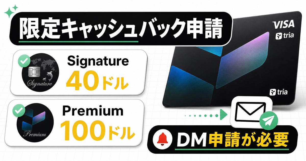 Triaカード限定キャッシュバック申請、Signature 40ドル、Premium 100ドル、DM申請が必要なことを説明する見出し画像