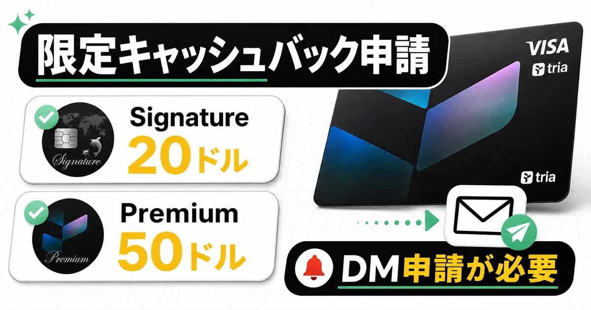 Triaカード限定キャッシュバック申請、Signature 20ドル、Premium 50ドル、DM申請が必要